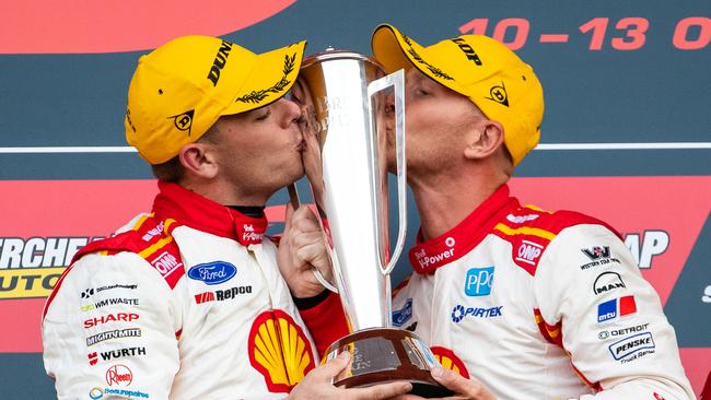 Scott McLaughlin and Alex Premat celebrate after winning last year’s Bathurst 1000. Picture: Getty Images