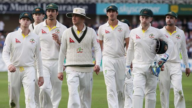 Australian captain Michael Clarke leads his players from the pitch at the end of the first day of the fourth Ashes cricket Test match between England and Australia at Trent Bridge in Nottingham, England.