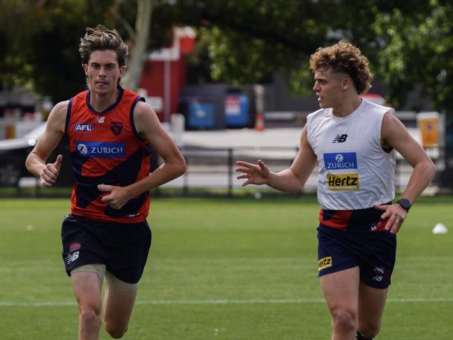 Kalani White at Melbourne training with Koltyn Tholstrup. Picture: Melbourne FC Alex Ratcliffe/Melbourne FC