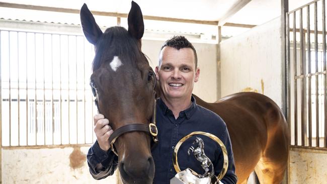 Trainer Joe Pride with his Everest winner Think About It at Warwick Farm. Picture: NCA NewsWire / Monique Harmer