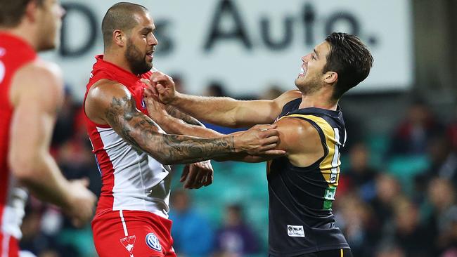 Lance Franklin battles with Alex Rance. Picture: Phil Hillyard