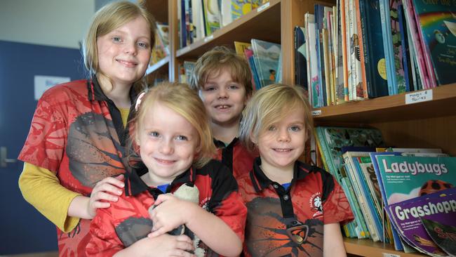 Alice, Reuben and twins Cara and Ingrid prepare for the first day of school in 2023. Picture: (A)manda Parkinson