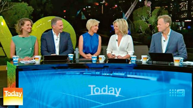 The new-look Today team on their first day on January 14. From left, Brooke Boney, Tony Jones, Deborah Knight, Gardner and Tom Steinfort. (Picture: Nine Network)