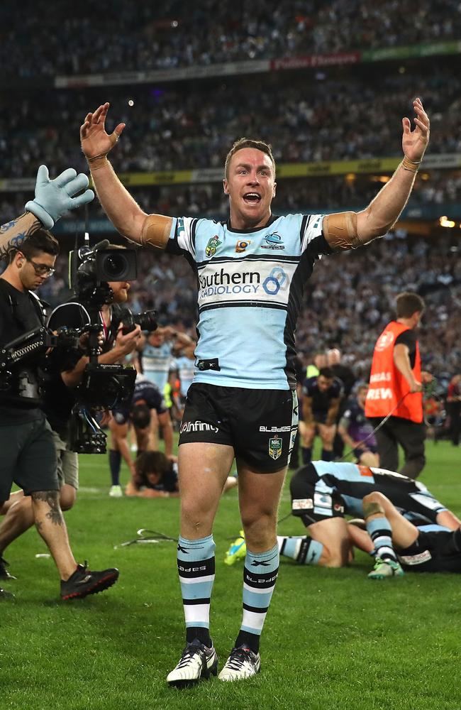 James Maloney of the Sharks celebrates winning the 2016 NRL Grand Final match. Picture: Getty Images