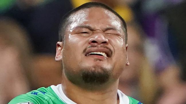 Joey Leilua of the Raiders reacts after his run for a try was stopped by the referee during the NRL Second Qualifying match between the Melbourne Storm and the Canberra Raiders at AAMI Park in Melbourne, Saturday, September 14, 2019. (AAP Image/Michael Dodge) NO ARCHIVING, EDITORIAL USE ONLY