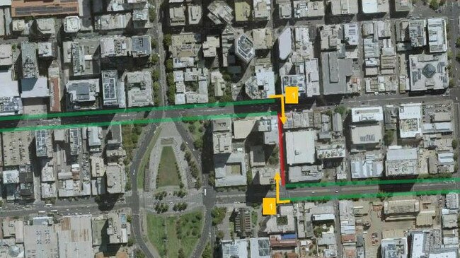 The possible route of the East-West Bikeway, along Franklin St into Flinders St through James Place and on to Wakefield St. Picture: Adelaide City Council