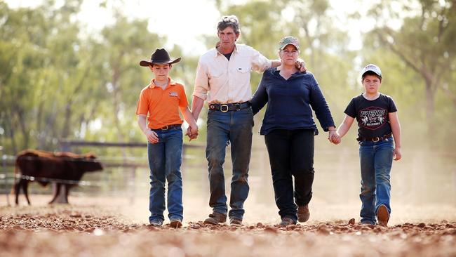 The O'Brien family from Five Ways in the middle of NSW pictured on their drought ravaged farm. Picture: Sam Ruttyn