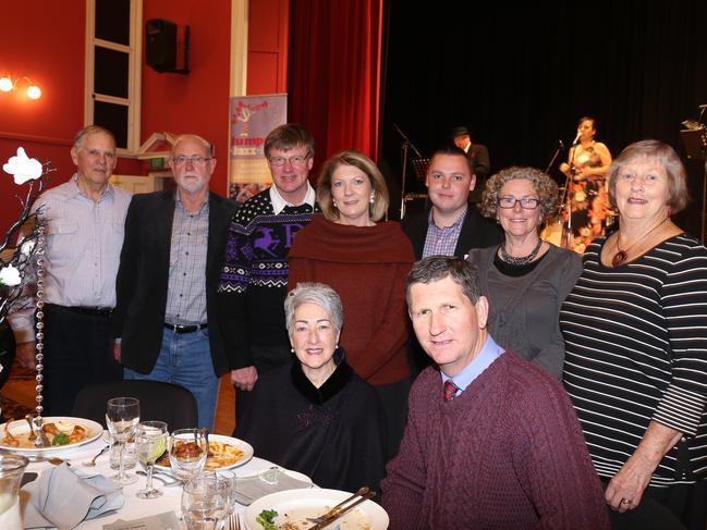 Ken Greentree, Danny Rockett, Alan and Leanne Olsen, Michael Dwan, Robyn Rockett, Helen Greentree, Southern Downs Mayor Tracy Dobie and Member for Southern Downs Lawrence Springborg at the Jumpers and Jazz Winter Dinner at the Warwick Town Hall on Friday, July 21.Photo Deanna Millard/Warwick Daily News