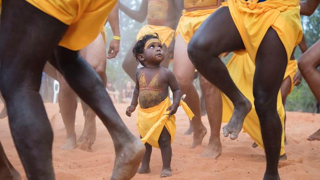 Dancers young and old at the Garma Festival opening ceremony at Arnhem Land. Picture: Melanie Faith Dove