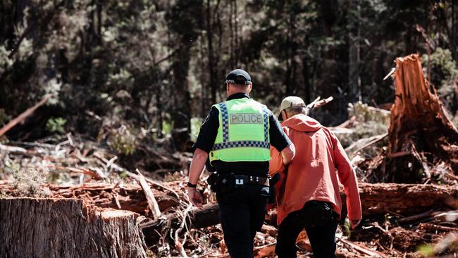 Australian environmentalist Bob Brown being arrested at Snow Hill in November 2022, while protesting the logging of swift parrot habitat. Picture: Bob Brown Foundation