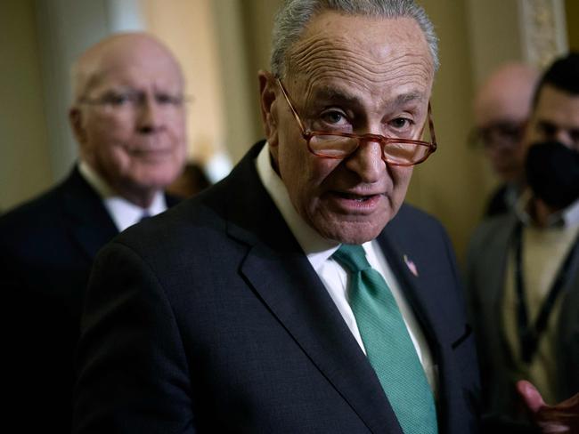 WASHINGTON, DC - DECEMBER 20: Senate Majority Leader Charles Schumer (D-NY) talks to reporters following the Democratic Senate policy luncheon at the U.S. Capitol on December 20, 2022 in Washington, DC. Schumer said the bipartisan federal omnibus spending legislation that was agreed to early that morning increases both defense and discretionary spending and would help avert a government shutdown days before Christmas.   Chip Somodevilla/Getty Images/AFP (Photo by CHIP SOMODEVILLA / GETTY IMAGES NORTH AMERICA / Getty Images via AFP)