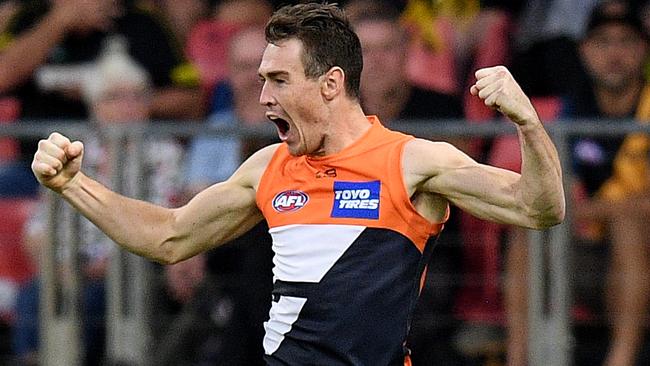 Jeremy Cameron celebrates one of his seven goals against the Tigers. Picture: AAP