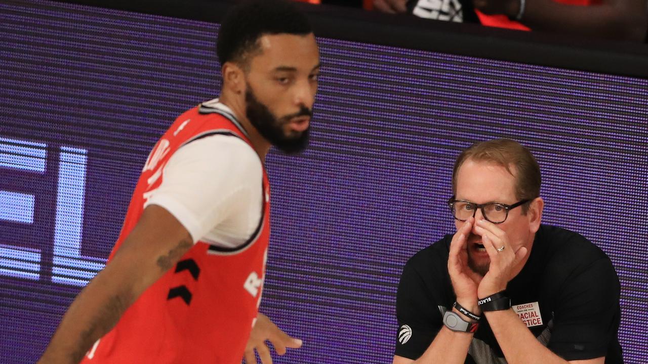 Raptors coach Nick Nurse calls out to his team. (Photo by Mike Ehrmann/Getty Images)