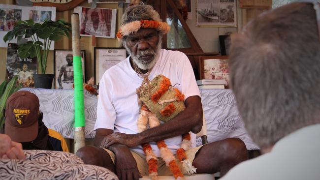 Dhakiyarr Wirrpanda's grandson Dhukal Wirrpanda at a ceremony in Dhuruputjpi last month marking the 90th anniversary of Constable Albert McColl’s death. Picture: Jason Walls