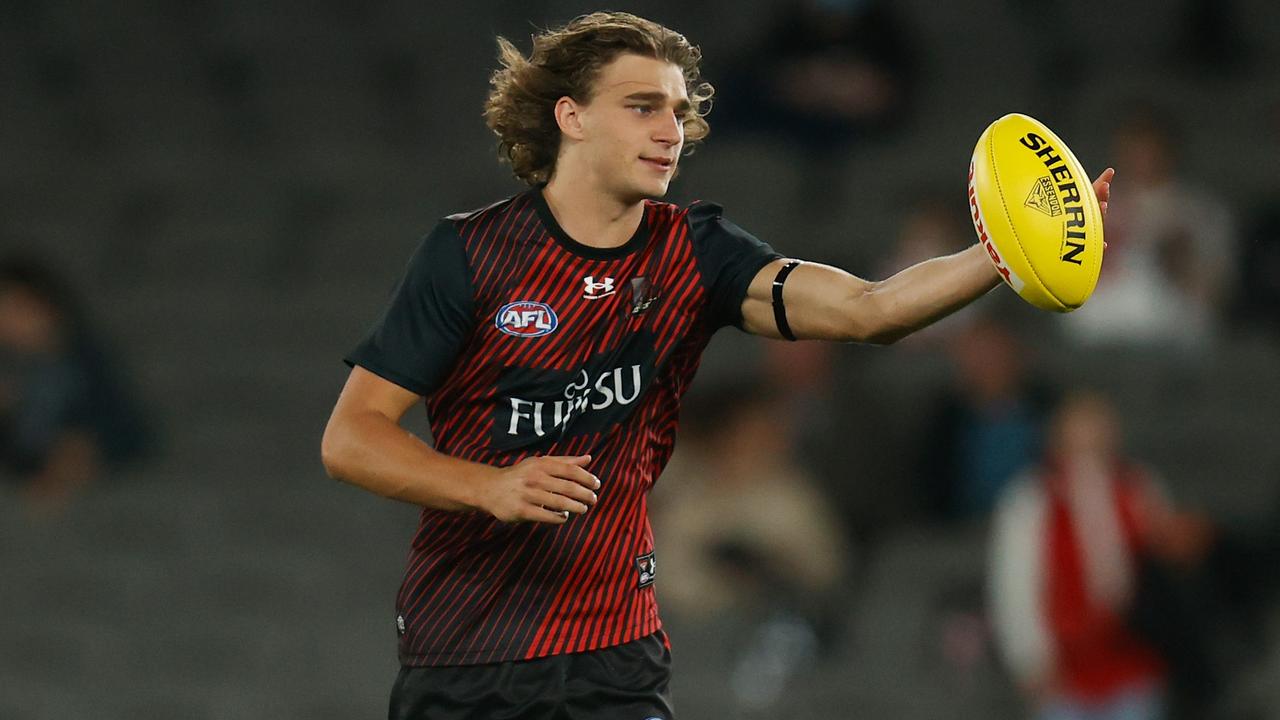 MELBOURNE, AUSTRALIA - MARCH 05: Harrison Jones of the Bombers warms up during the 2022 AFL Community Series match between the Essendon Bombers and the St Kilda Saints at Marvel Stadium on March 5, 2022 In Melbourne, Australia. (Photo by Michael Willson/AFL Photos via Getty Images)