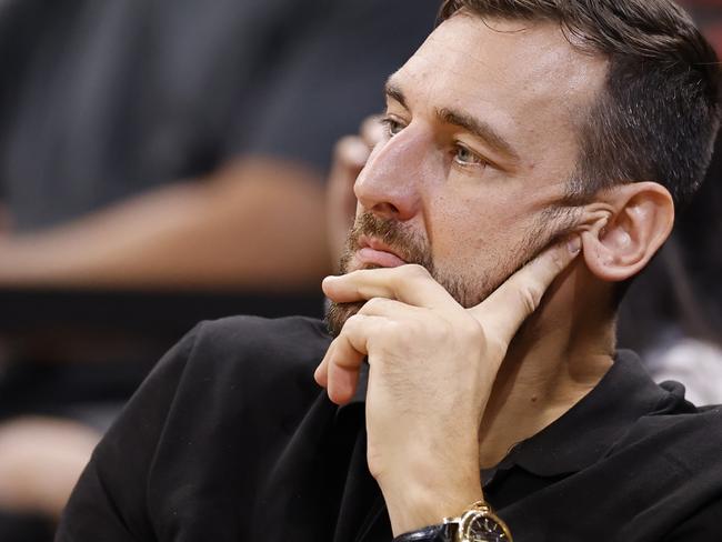 SYDNEY, AUSTRALIA - MARCH 03:  Former NBA star Andrew Bogut looks on during game one of the NBL Grand Final series between Sydney Kings and New Zealand Breakers at Qudos Bank Arena, on March 03, 2023, in Sydney, Australia. (Photo by Jenny Evans/Getty Images)