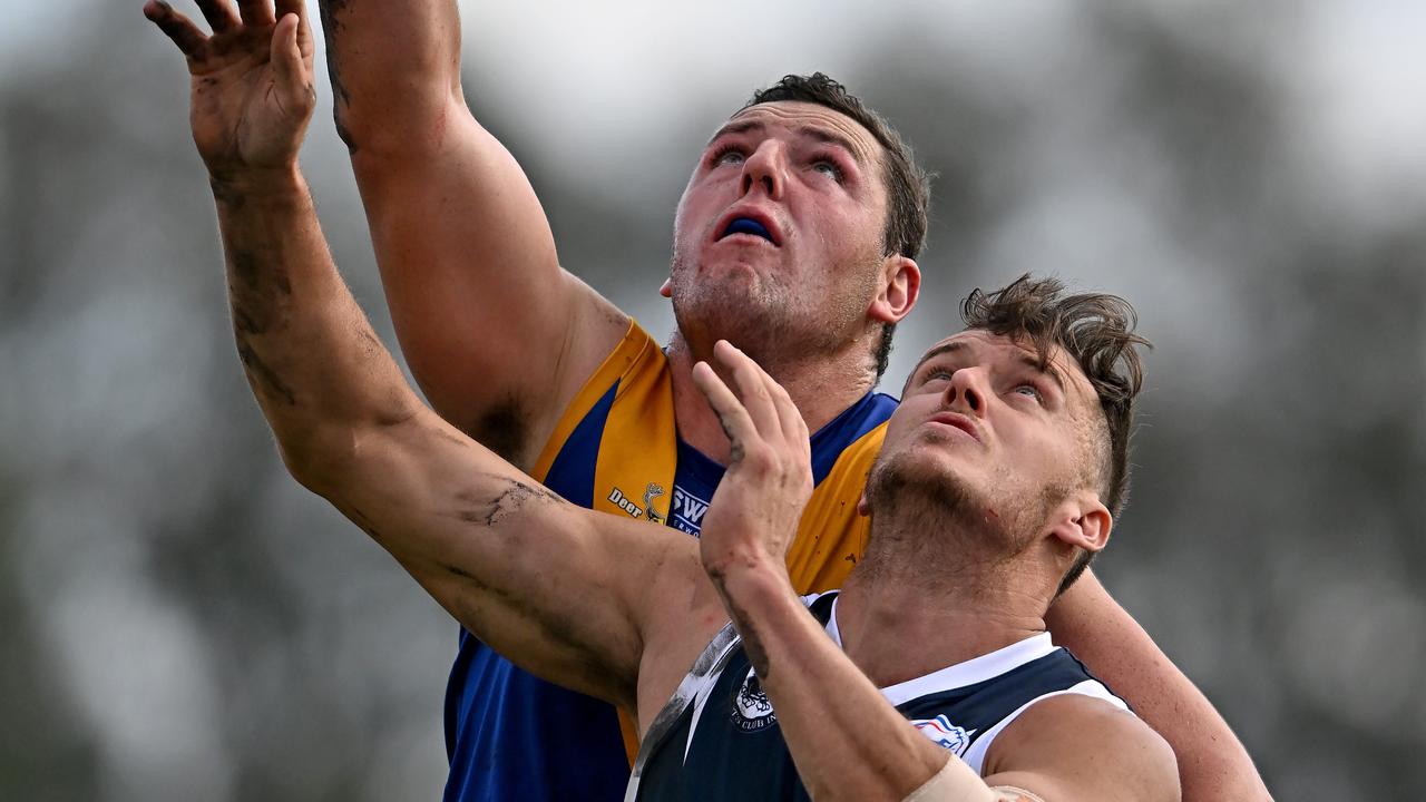Scott Greenhough rucks for Deer Park in 2022 against Hoppers Crossings’ Harley Armstrong-Weston. Picture: Andy Brownbill