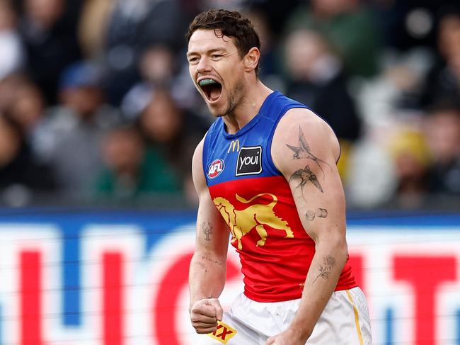 MELBOURNE, AUSTRALIA - AUGUST 17: Lachie Neale of the Lions celebrates a goal during the 2024 AFL Round 23 match between the Collingwood Magpies and the Brisbane Lions at The Melbourne Cricket Ground on August 17, 2024 in Melbourne, Australia. (Photo by Michael Willson/AFL Photos via Getty Images)