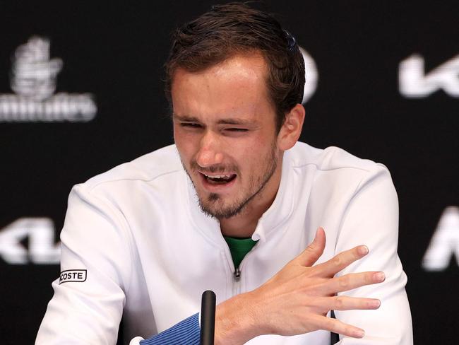 Russia's Daniil Medvedev speaks at the press conference after the men's singles final match against Spain's Rafael Nadal on day fourteen of the Australian Open tennis tournament in Melbourne on January 31, 2022. (Photo by Martin KEEP / AFP) / -- IMAGE RESTRICTED TO EDITORIAL USE - STRICTLY NO COMMERCIAL USE --