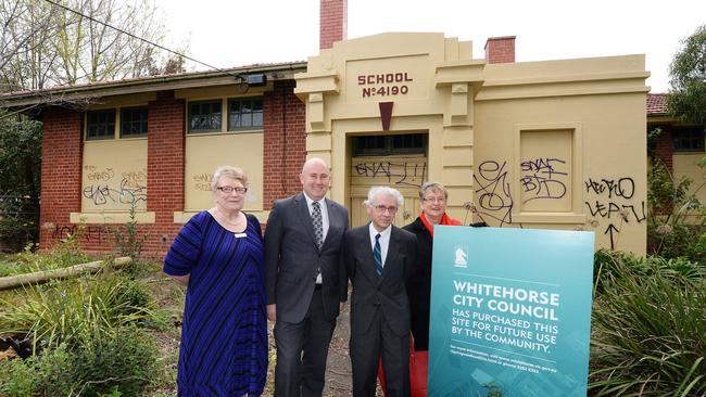 Nunawading Community Hub is being built at the former Nunawading Primary School site, which Whitehorse Council bought from the State Government. Annette Mason, Cr Andrew Munroe, Michael Challinger, and Elsie Mutton, visited the site after the purchase announcement. Picture: Steve Tanner