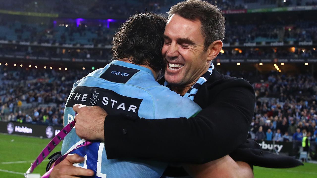 James Roberts and Brad Fittler celebrate victory after game two in 2018. (Photo by Mark Kolbe/Getty Images)