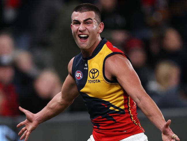 Adelaide’s Josh Rachele celebrates his crucial goal. Picture: Mark Stewart