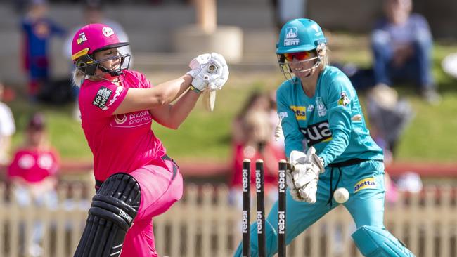 Dane Van Niekerk of the Sixers is bowled by Sammy-Jo Johnson of the Heat during the Womens Big Bash League (WBBL) Cricket match between Sydney Sixers and Brisbane Heat at North Sydney Oval in Sydney, Saturday, November 9, 2019. Picture: AAP Image/Craig Golding.