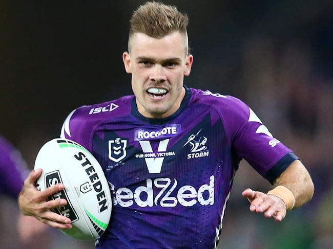 BRISBANE, AUSTRALIA - OCTOBER 16: Ryan Papenhuyzen of the Storm scores a try during the NRL Preliminary Final match between the Melbourne Storm and the Canberra Raiders at Suncorp Stadium on October 16, 2020 in Brisbane, Australia. (Photo by Jono Searle/Getty Images)