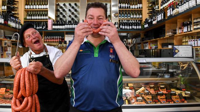 Butcher Piero Mastromanno from Pier's Meat Merchant in Highett has just won another National Prize for his sausages. He's on the right and Allan Simmonds is on the left. PICTURE: Penny Stephens. 6TH MARCH 2019