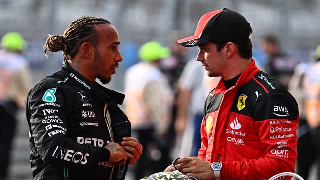 Mercedes' Lewis Hamilton and Ferrari's Charles Leclerc are facing disqualification. (Photo by Chandan Khanna / AFP)