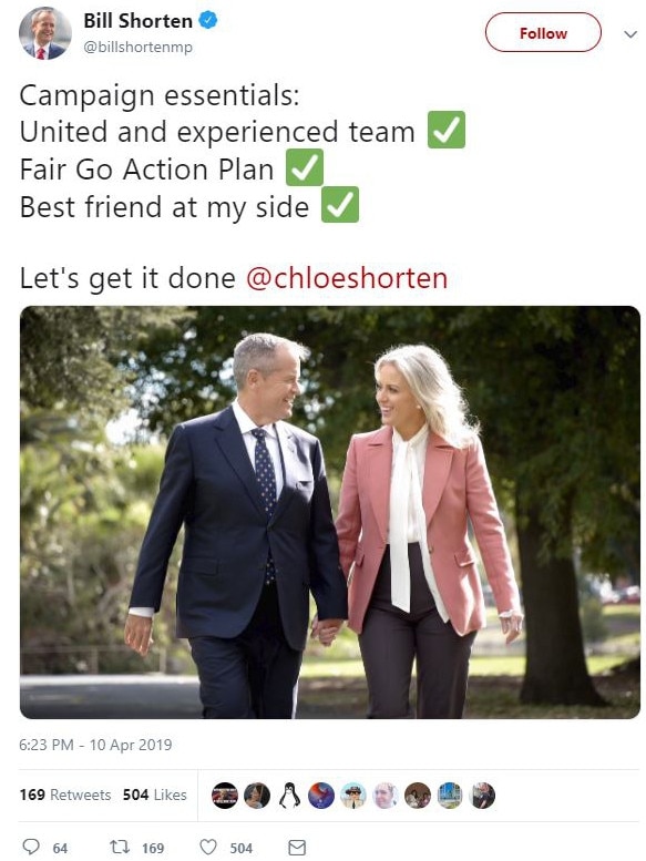 Bill Shorten referred to his wife Chloe as his "best friend" in a tweet about campaign essentials.