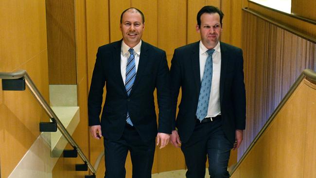 Minister for Resources Matt Canavan and Minister for Energy Josh Frydenberg arrive at a press conference after a COAG meeting to discuss the National Energy Guarantee (NEG).