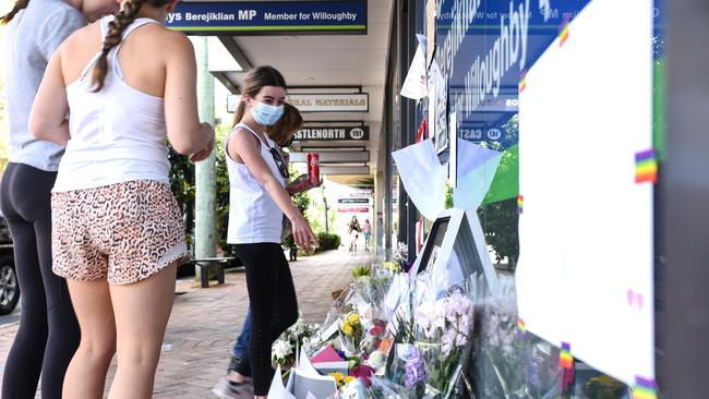 Messages and flowers are seen outside the electoral office of Gladys Berejiklian in Sydney. Picture: NCA NewsWire/Flavio Brancaleones