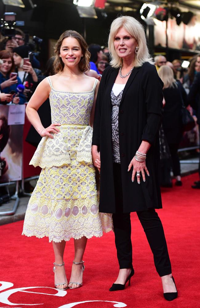 Clarke on the Me Before You red carpet in London last month with Joanna Lumley, who cameos in the film. Picture: AFP/LEON NEAL