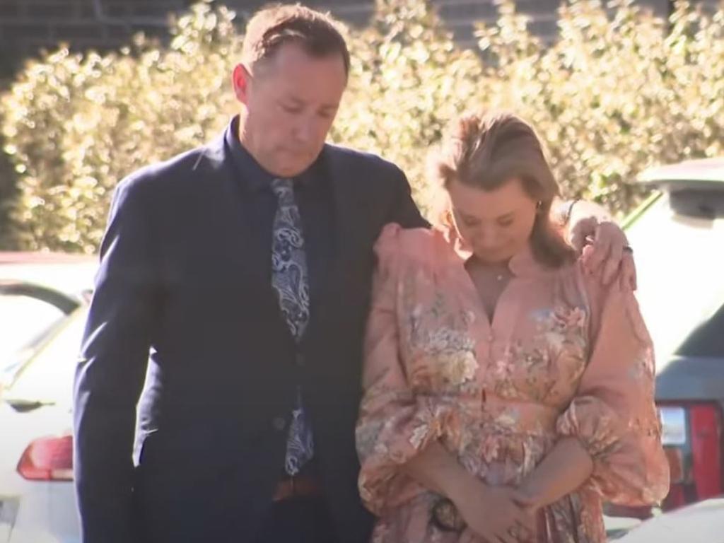 Shaun and Samantha Bowles at the funeral of their daughter, Holly. Picture: 7 News