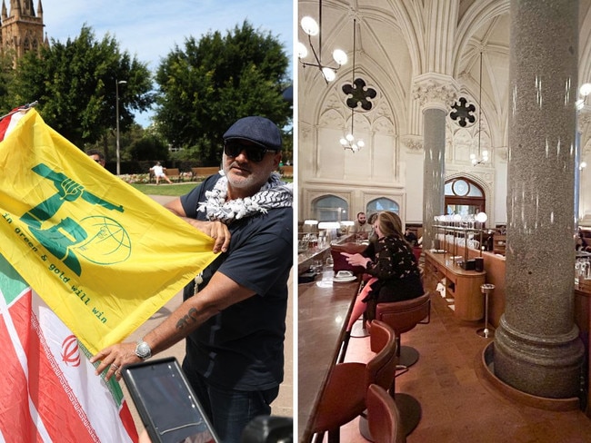 Al Yazbek holding a flag at a Sydney rally on Sunday, left, and his Melbourne restaurant Reine & La Rue on Wednesday.