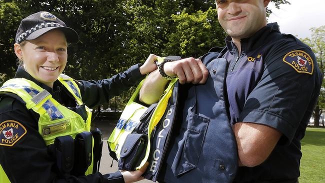 Tasmanian police officers with the latest stab-proof vest.