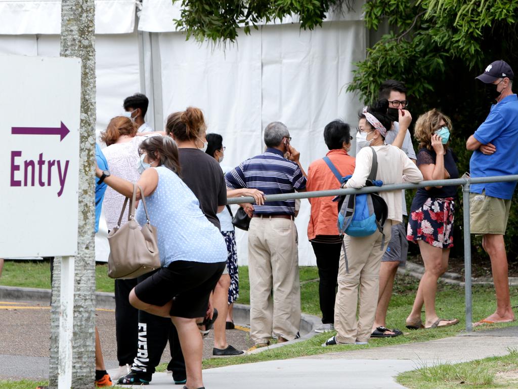 People waiting in line to be tested for COVID-19 in Brisbane after a quarantine hotel worked tested positive. Picture: Steve Pohlner