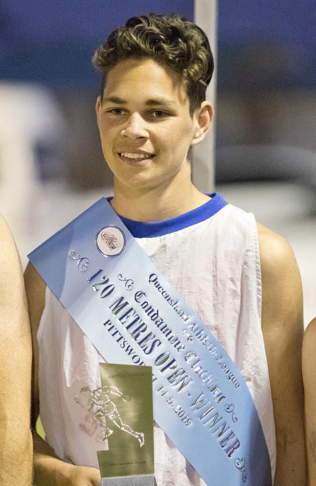 Caleb Law wins the 120 metres Open. Arthur Postle Gift at Pittsworth. Saturday, 14th Sep, 2019.