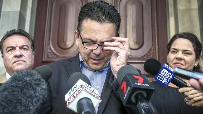 SA Best leader Nick Xenophon with the party’s newly elected members of the Legislative Council, Connie Bonaros and Frank Pangallo. Picture: AAP / Mike Burton