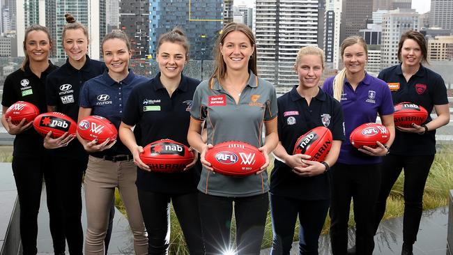 AFLW Draft first-round selections (from left) Nicola Stevens (Collingwood), Bianca Jakobsson (Carlton), Emily Bates (Brisbane), Ebony Marinoff (Adelaide), Nicola Barr (GWS), Jaimee Lambert (Bulldogs), Hayley Miller (Fremantle) and Elise O'Dea (Melbourne). Picture: Tim Carrafa