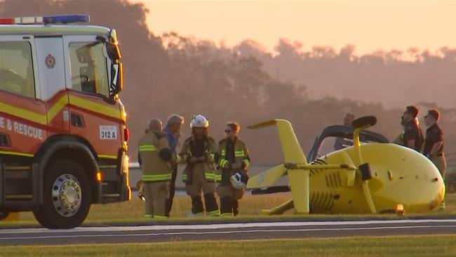 A helicopter has crashed mid take-off at the Toowoomba Airport on Sunday night. Picture: 7NEWS Toowoomba