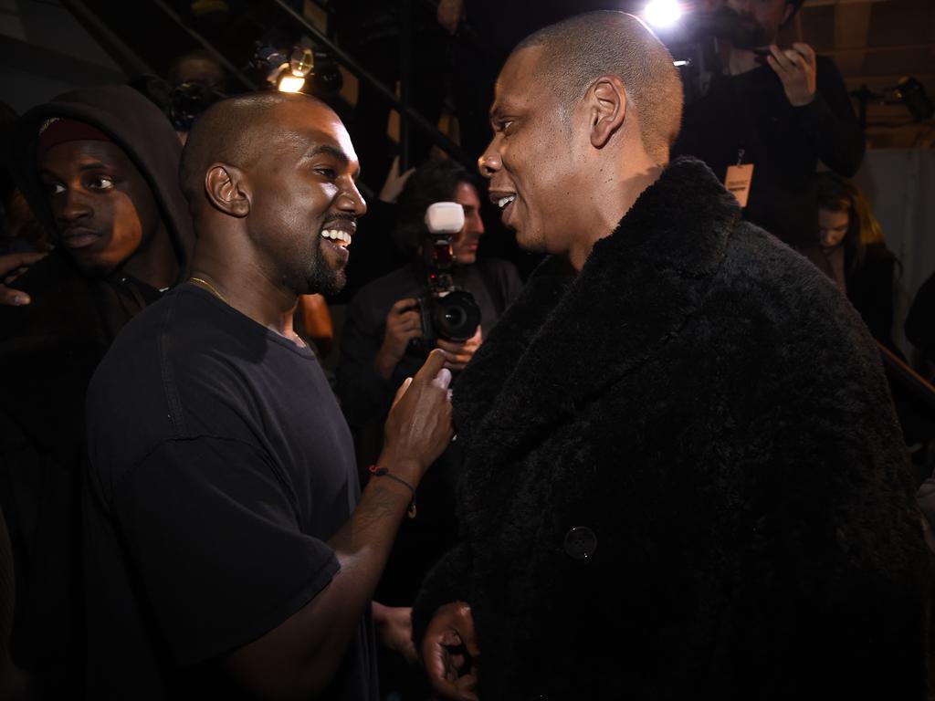 Kanye West and Jay-Z backstage at the Adidas Originals x Kanye West YEEZY SEASON 1 fashion show during New York Fashion Week. Picture: Getty