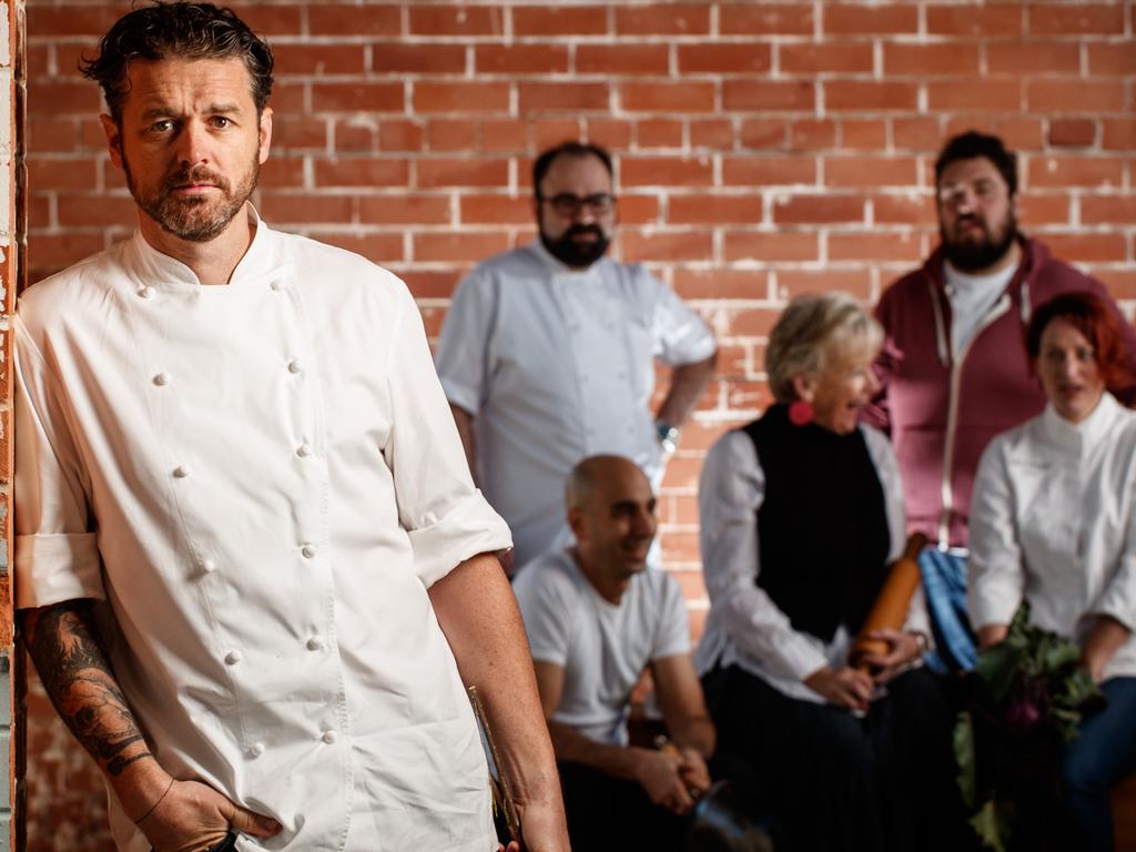 Jock Zonfrillo with fellow chefs in Adelaide Paul Baker, Duncan Welgemoed, Andrew Davies, Jordan Theodoros, Maggie Beer and Karena Armstrong.