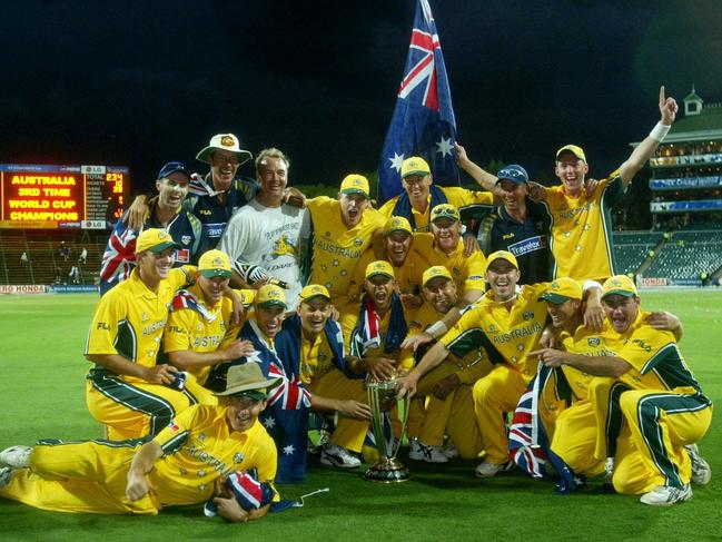 The Australian team and coach John Buchanan celebrate winning the 2003 World Cup.