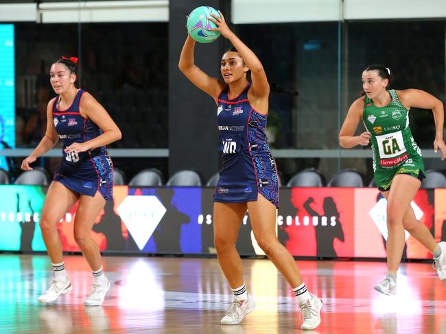 Sapphire Series netball Round 1 - Brisbane South Wildcats Vs Ipswich Jets (green) = Wildcats wing defence Saupo Toeleiu Nathan Saturday 22nd April 2023 Picture David Clark