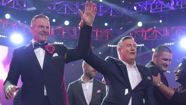 Sam Newman and Eddie McGuire at the Grand Final Footy Show. Picture: Channel 9