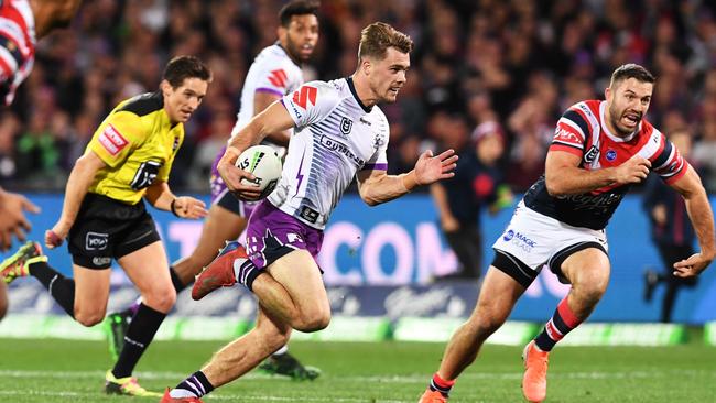 Ryan Papenhuyzen of the Storm heads for the try line to score during the round 15 NRL match between the Sydney Roosters and the Melbourne Storm at Adelaide Oval. Picture: Mark Brake/Getty Images