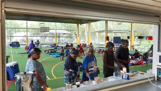 140 displaced Timber Creek residents had no choice but to take shelter on the remote community's undercover basketball court during ex-Tropical Cyclone Ellie floods. Picture: Victoria Daly Regional Council