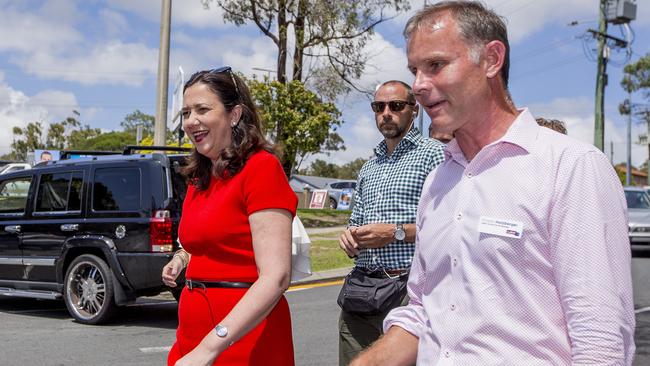 Queensland Election day. Queensland Premier Annastacia Pallszczuk with Labor candidate for Bonney, Rowan Holzberger, at the Arundel State School voting booth. Picture: Jerad Williams